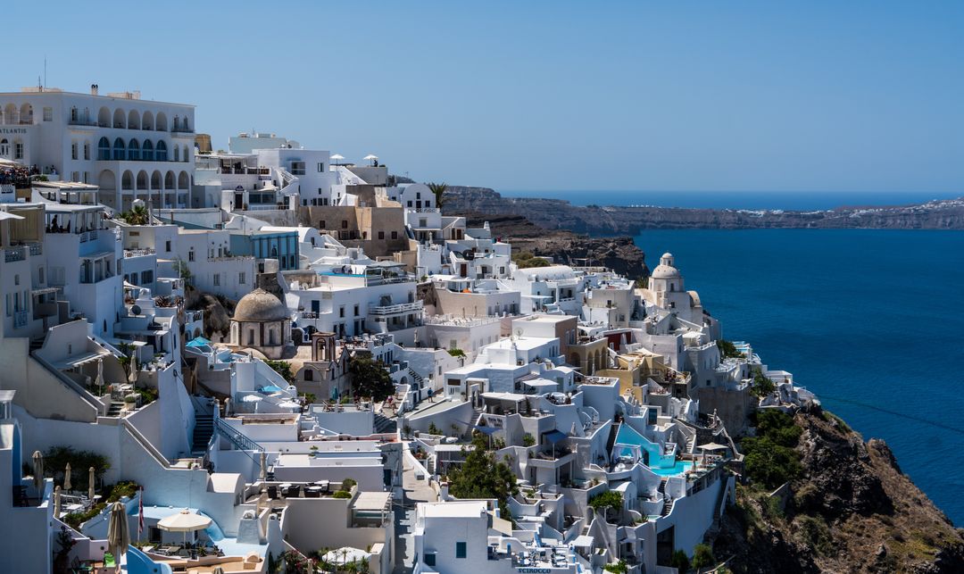 Panoramic View of Santorini's White Buildings with Sea in Background - Free Images, Stock Photos and Pictures on Pikwizard.com