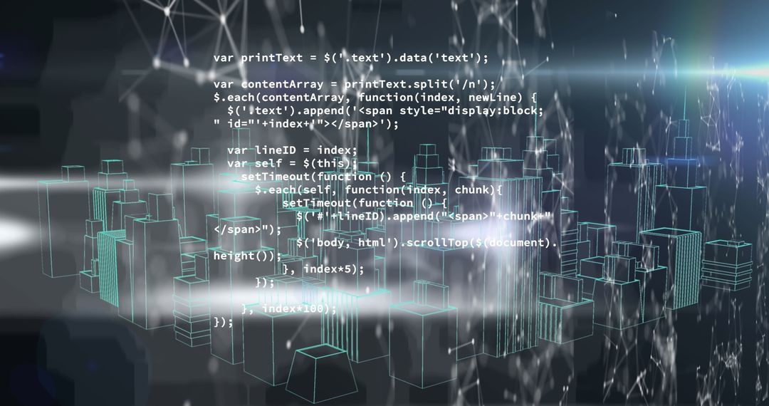 Futuristic Network Connections with Code Overlay in Digital Cityscape