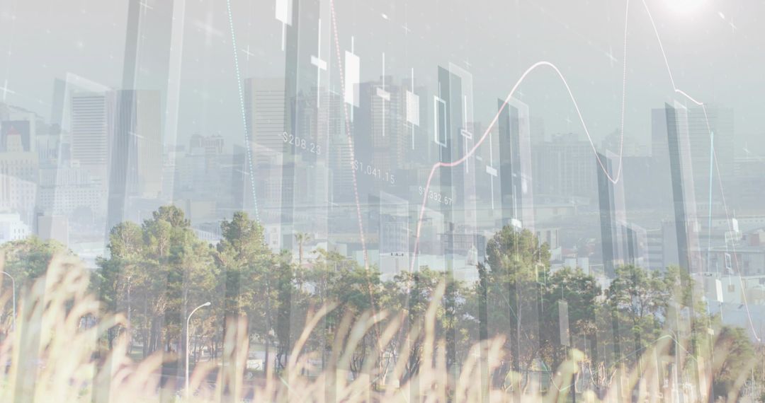 Financial Charts Overlay on Urban Field Blending Nature and Technology