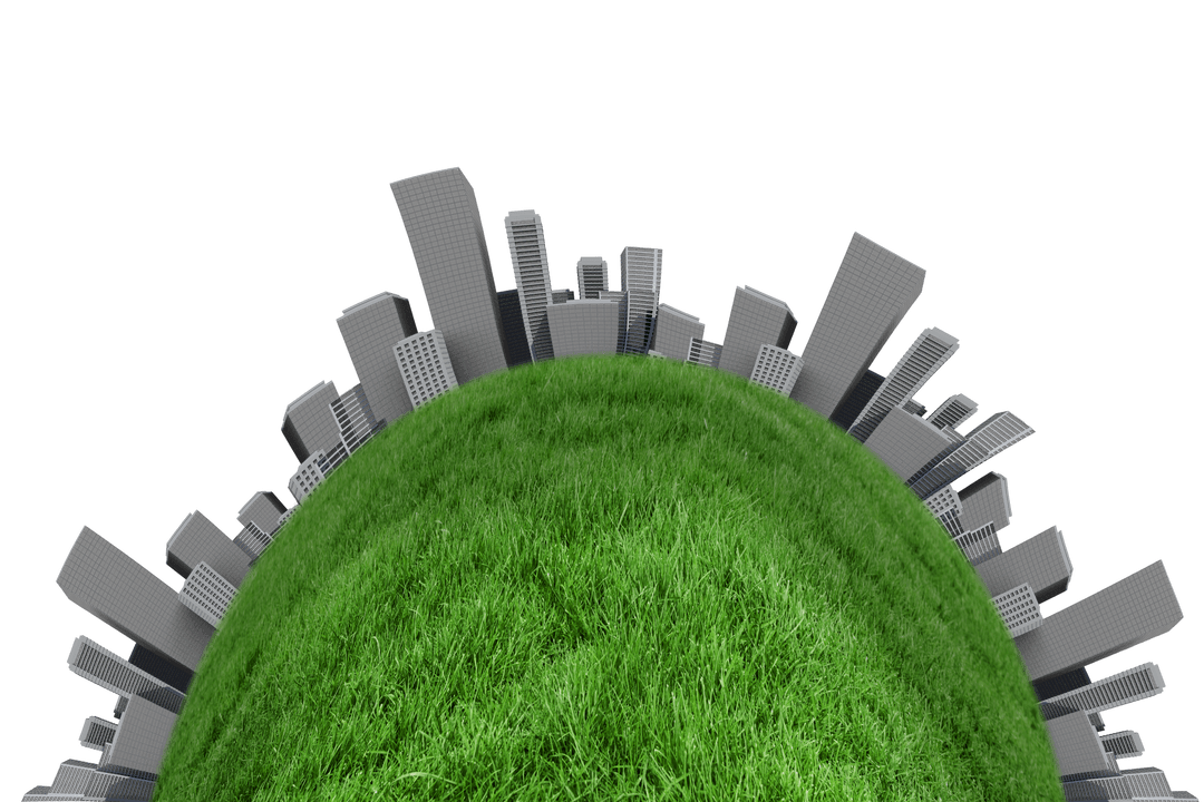 Transparent Cityscape with Green Lawn Emerging from Transparent Surface