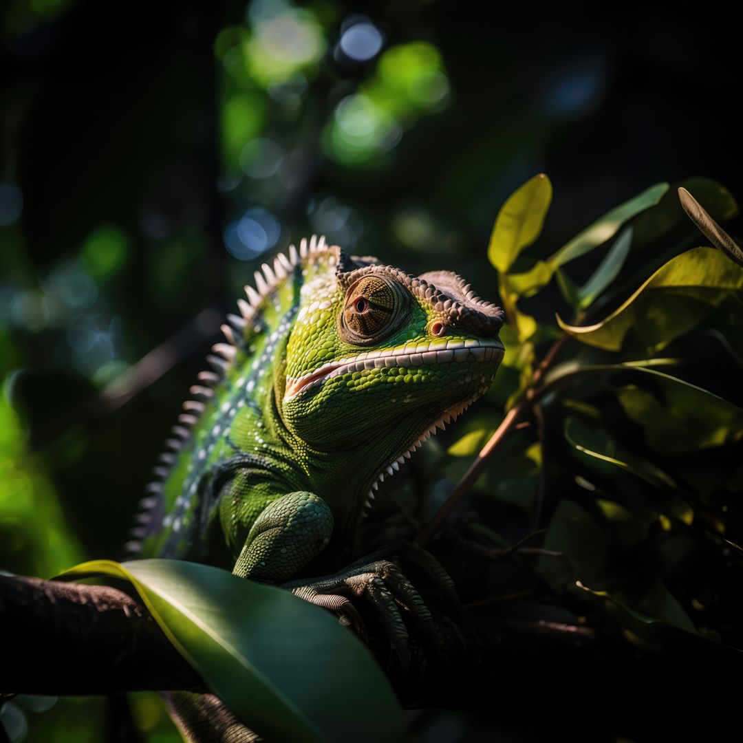 Close-Up of Vibrant Chameleon Perched on Branch in Lush Jungle - Free Images, Stock Photos and Pictures on Pikwizard.com