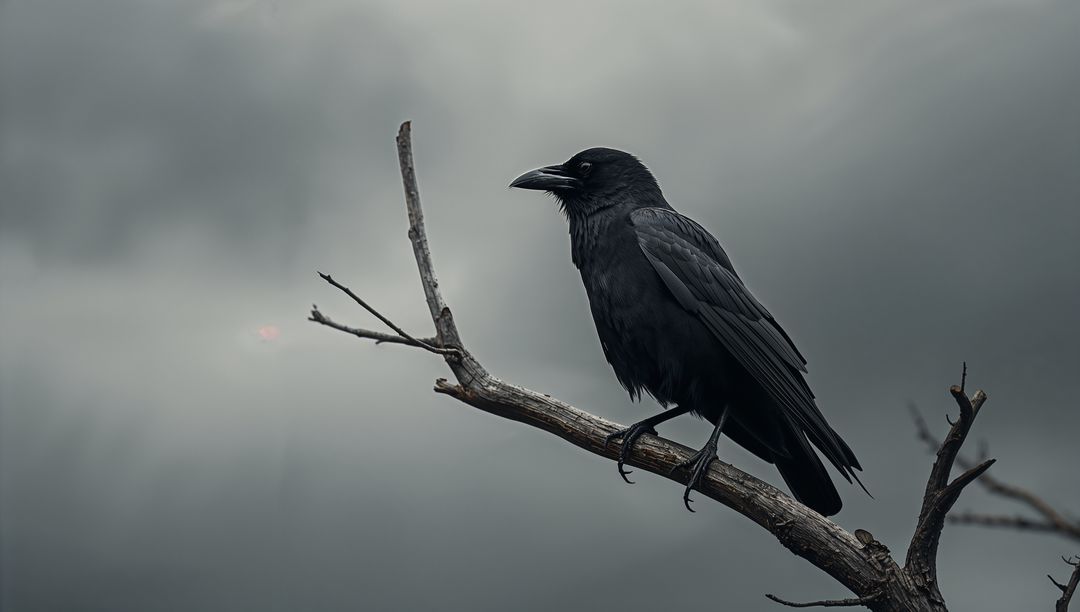 Black Crow Perched on Branch Against Moody Sky