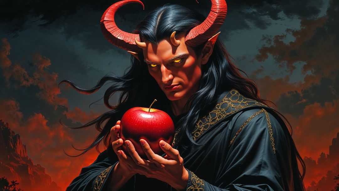 Satan with red apple in mystical gothic scenery