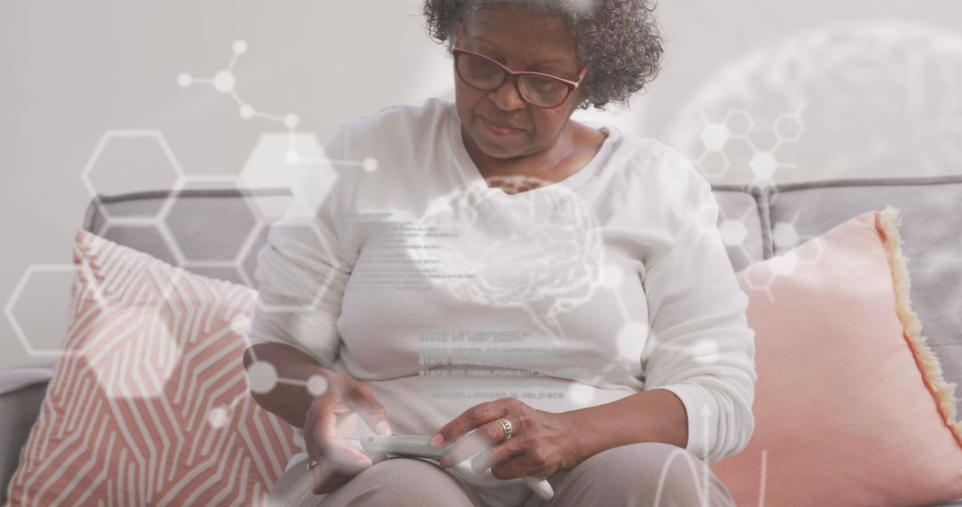 Senior Woman Using Smartphone with Digital Medical Data Overlay
