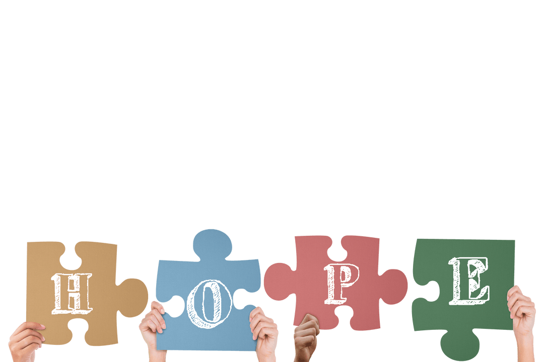 Hands Holding Colorful Puzzle Pieces Spelling HOPE on Transparent Background