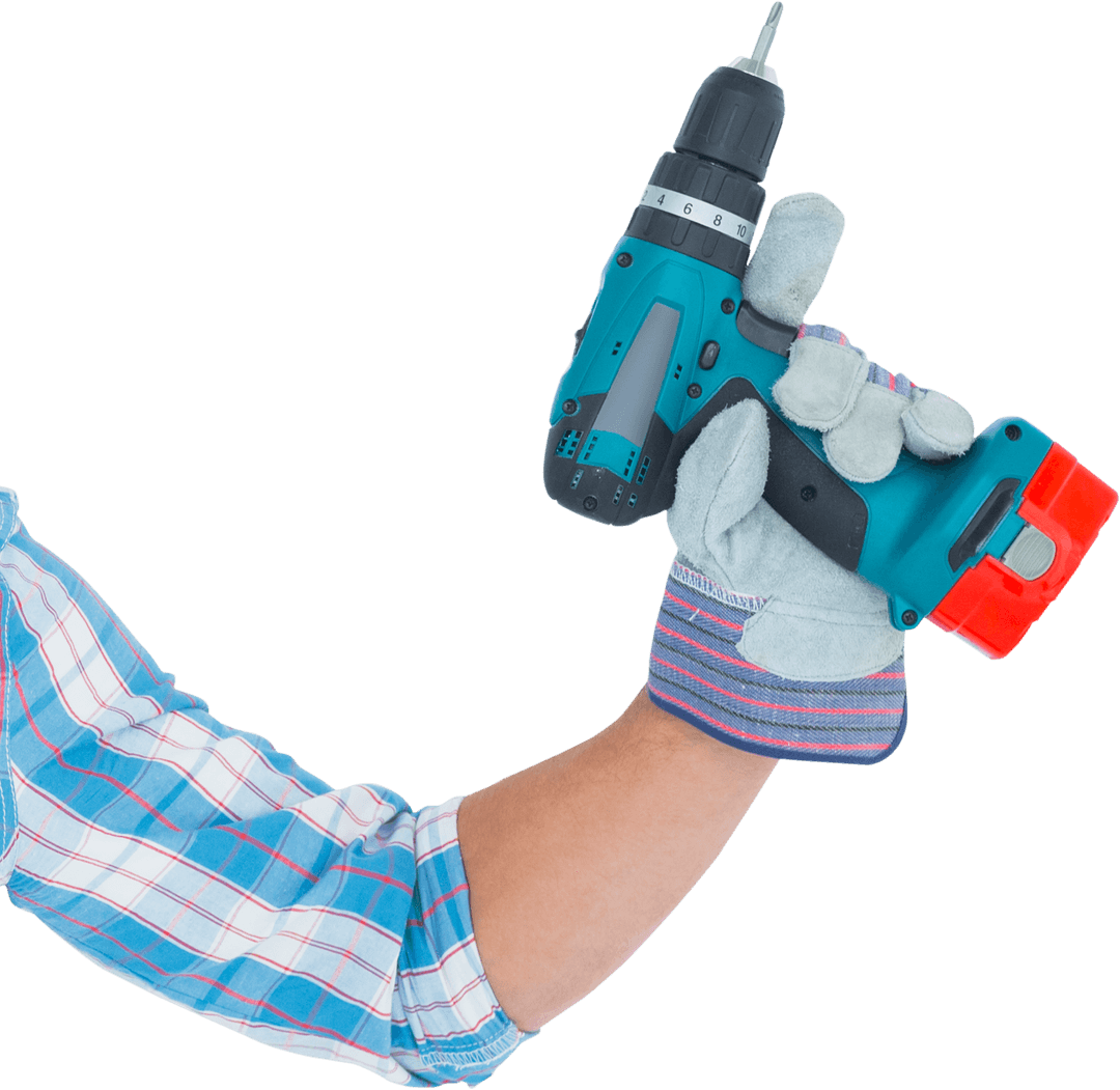 Hand Holding Transparent Cordless Drill in Plaid Shirt
