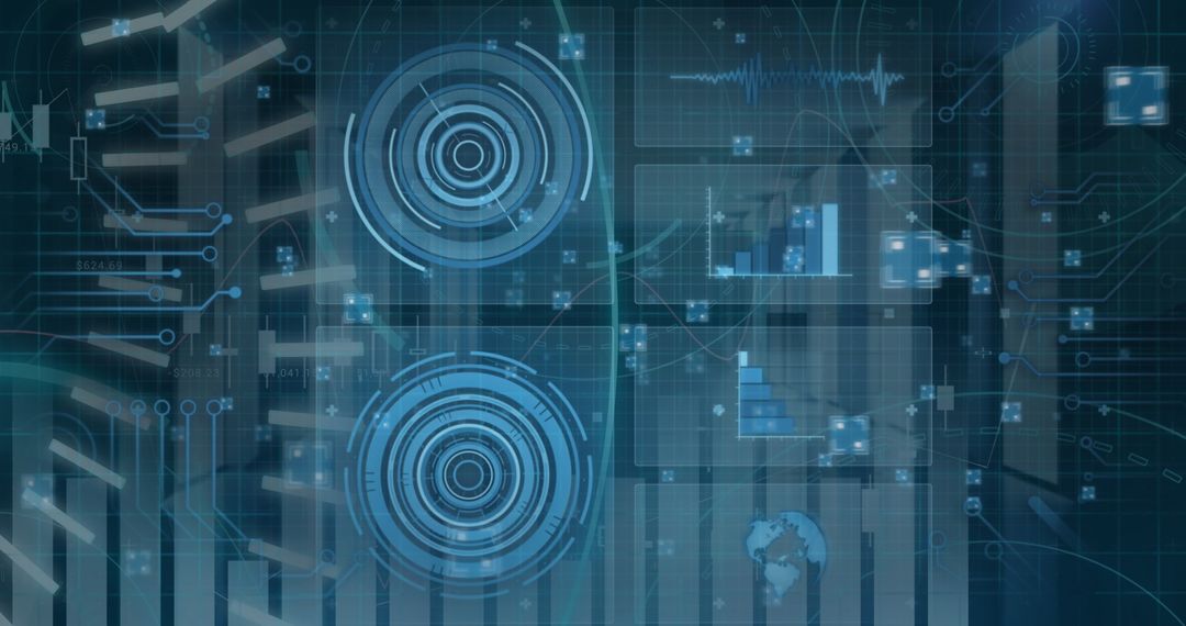 Futuristic Digital Interface with HUD Elements and Data Visualizations