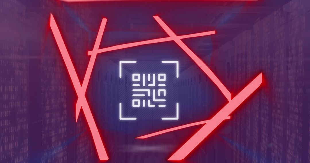 Digital Barcode Glowing Over Server Room with Neon Lights