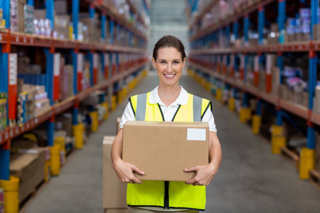Smiling Warehouse Worker Holding Cardboard Box in Aisle