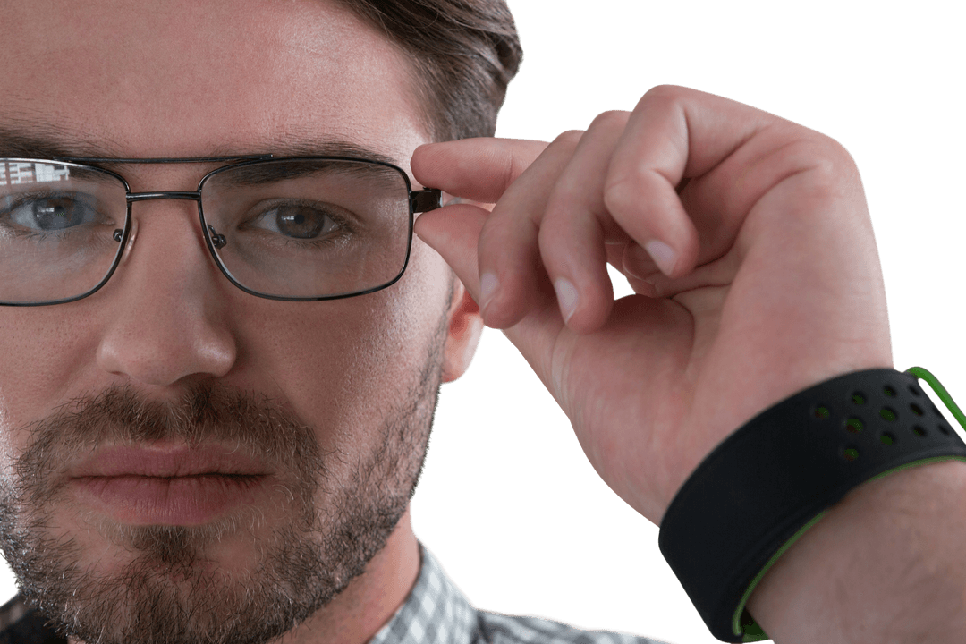 Serious Man with Glasses Adjusting Frames Portrait Close-up Transparent Background