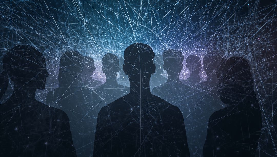 Silhouetted Crowd Connected by Digital Network Lines and Glowing Neural Nodes