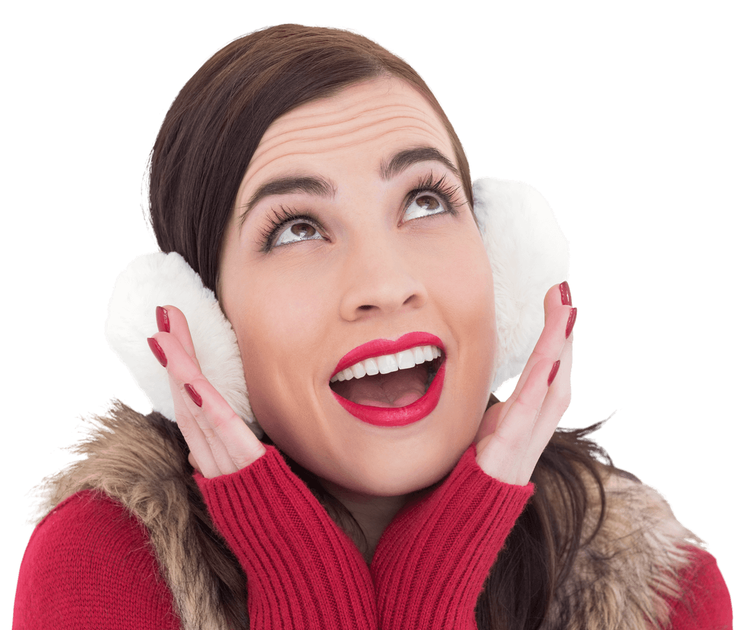 Surprised Brunette in Winter Clothes Looking Up, Close-Up Transparent