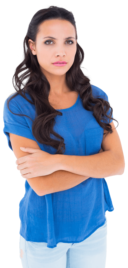 Angry Brunette Woman Frowning with Arms Crossed on Transparent Background
