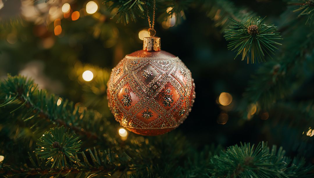 Elegant Red and Gold Christmas Ornament on Holiday Tree