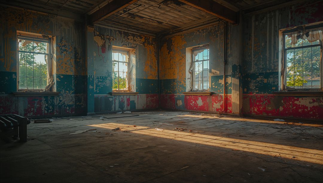 Sunlight Streaming Through Windows in Abandoned Building with Peeling Paint