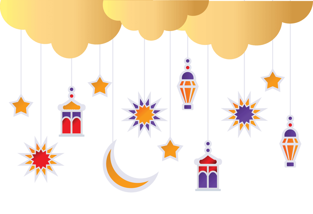 Festive Hanging Lanterns and Stars on Transparent Background