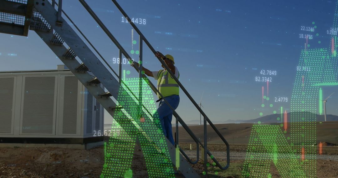 Technician Climbing at Sustainable Energy Site with Digital Overlay