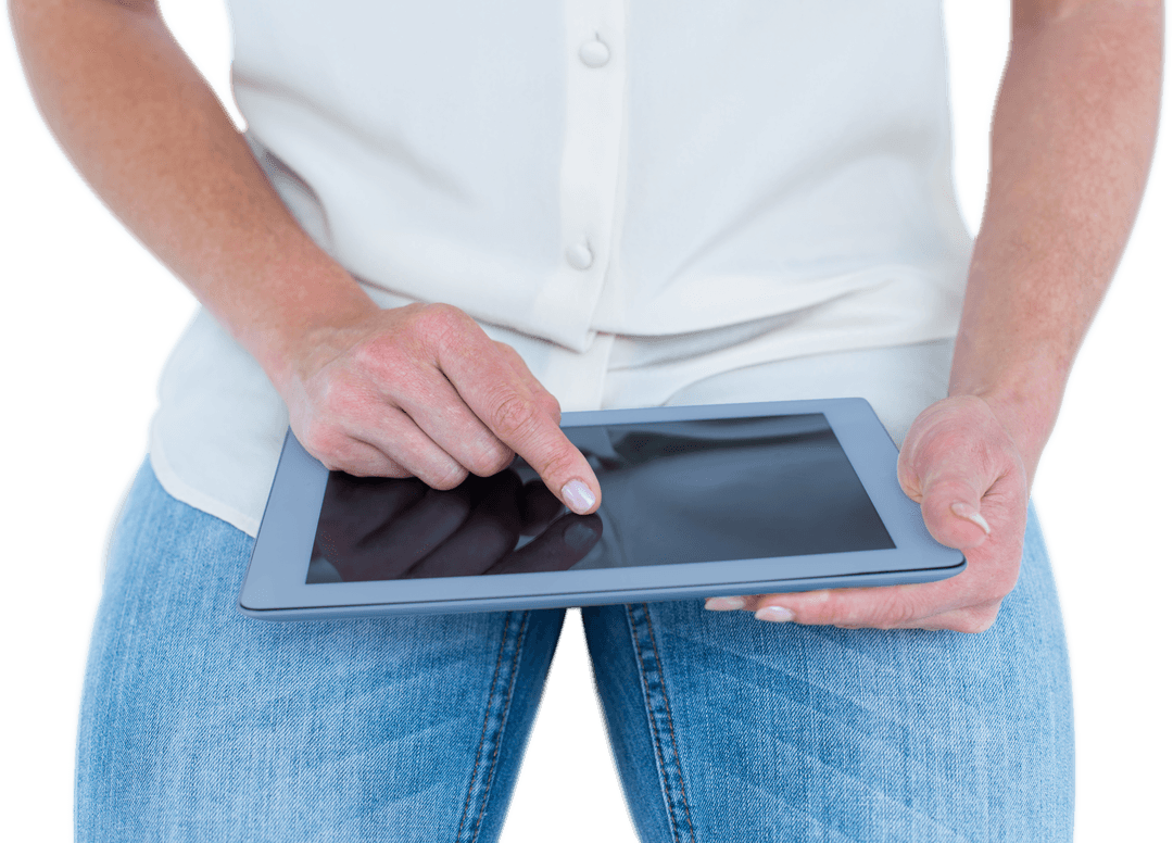 Transparent PNG Woman Using Tablet in Casual Attire