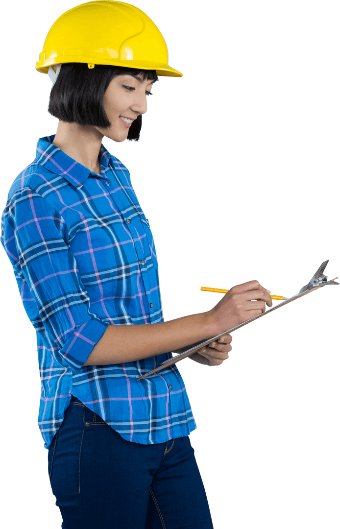 Smiling Female Architect with Hard Hat Writing Transparent