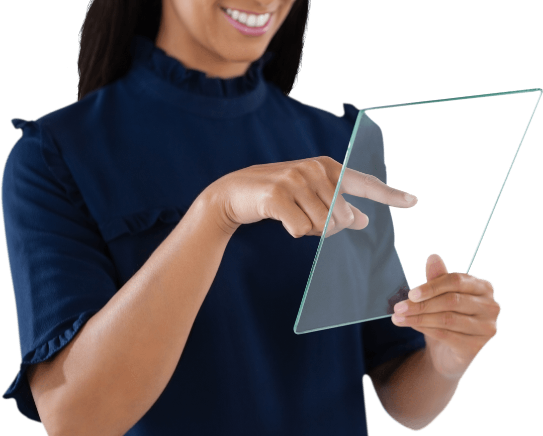 Smiling Businesswoman Interacting with Transparent Glass Interface