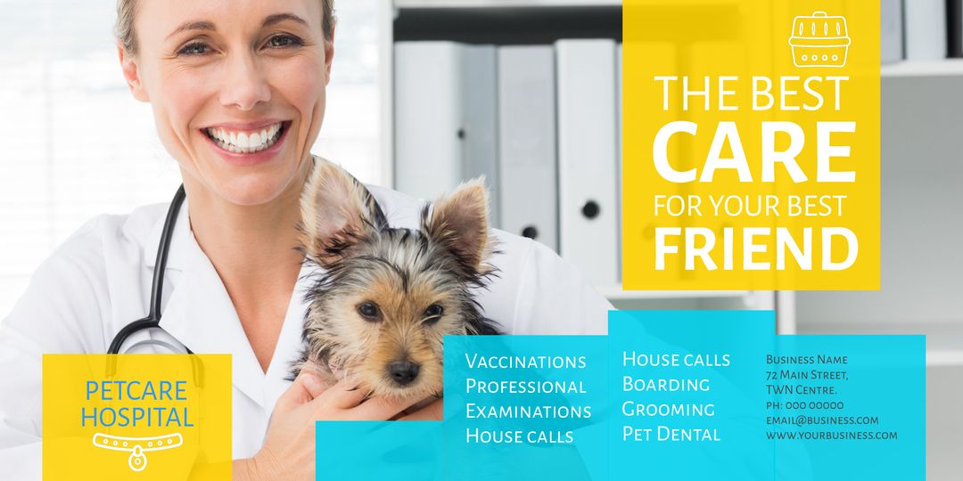 Smiling Veterinarian Holding Dog Promoting Pet Care Services