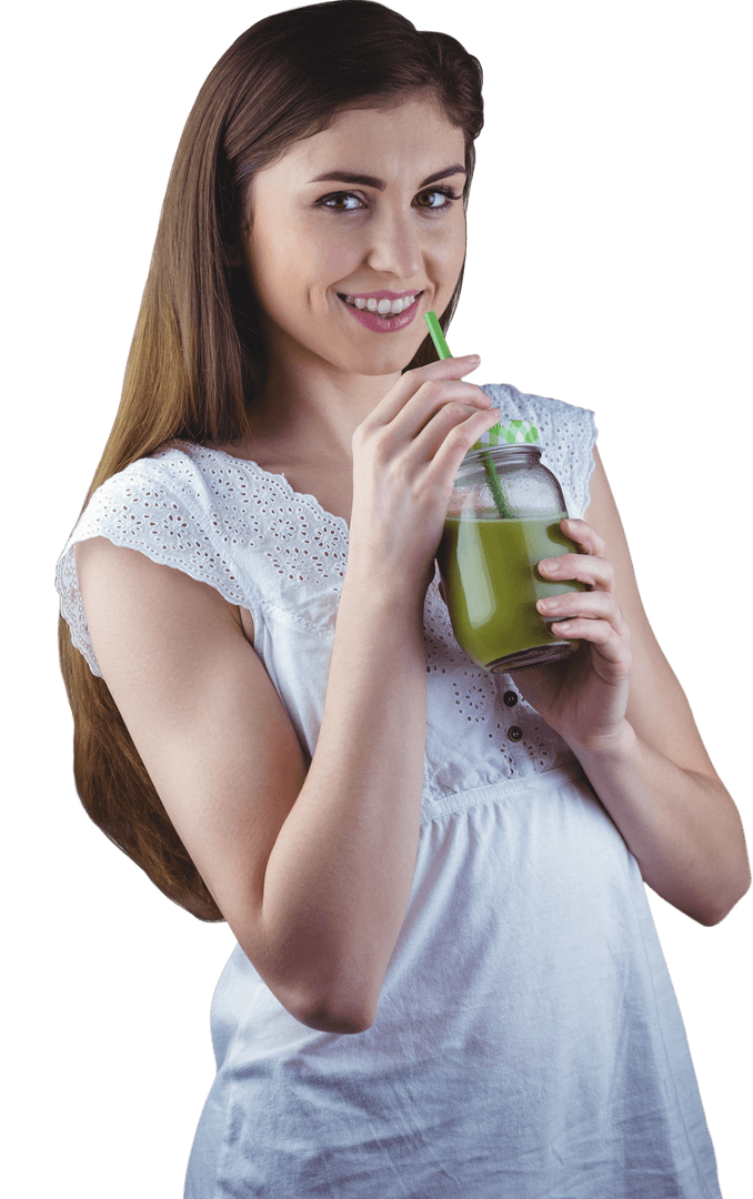 Smiling Woman Drinking Green Juice on Transparent Background