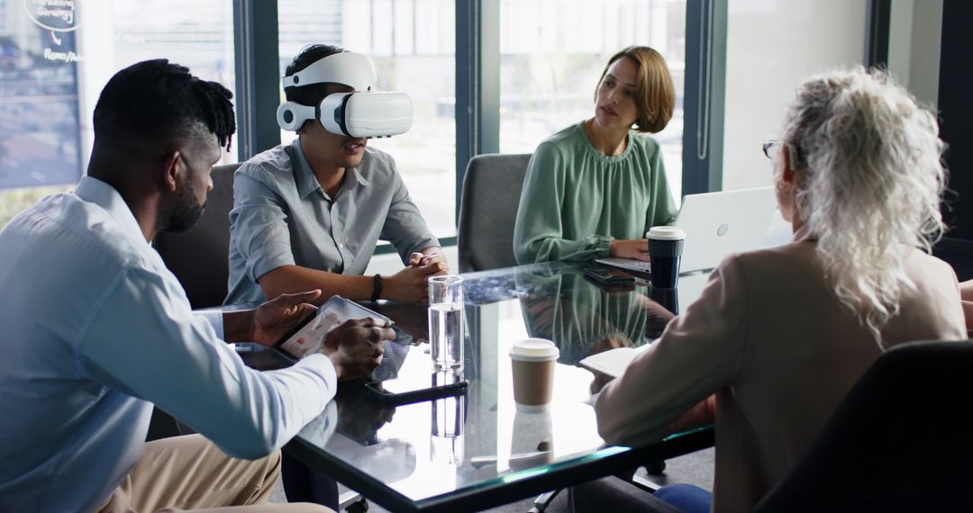Diverse Team Engages in Futuristic VR Meeting in Modern Office