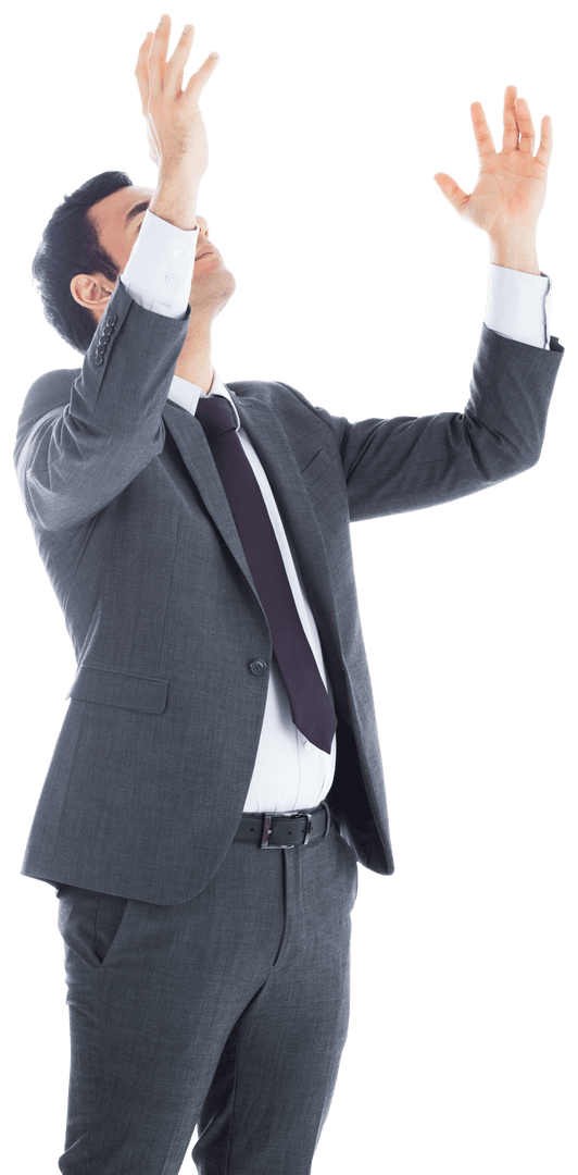 Focused Hispanic Businessman with Raised Hands Transparent Background