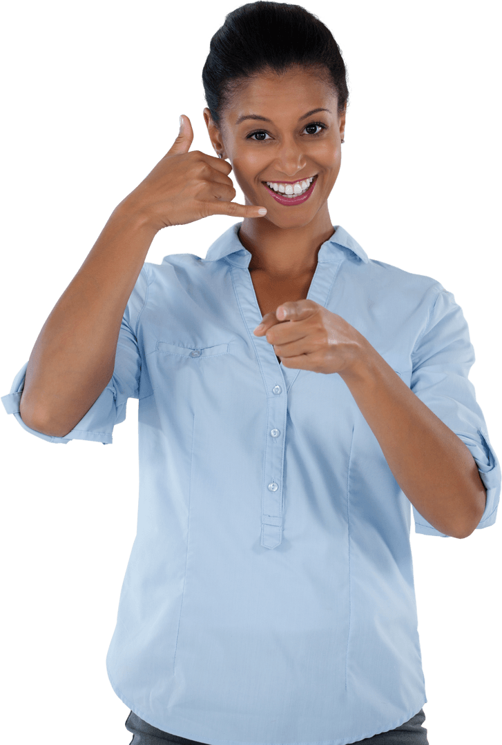 Friendly Woman Gesturing Phone Call in Transparent Background