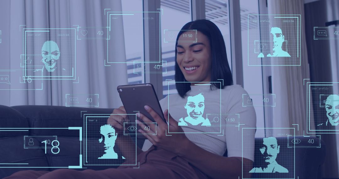 Biracial Woman Engaging with Virtual Data Interface