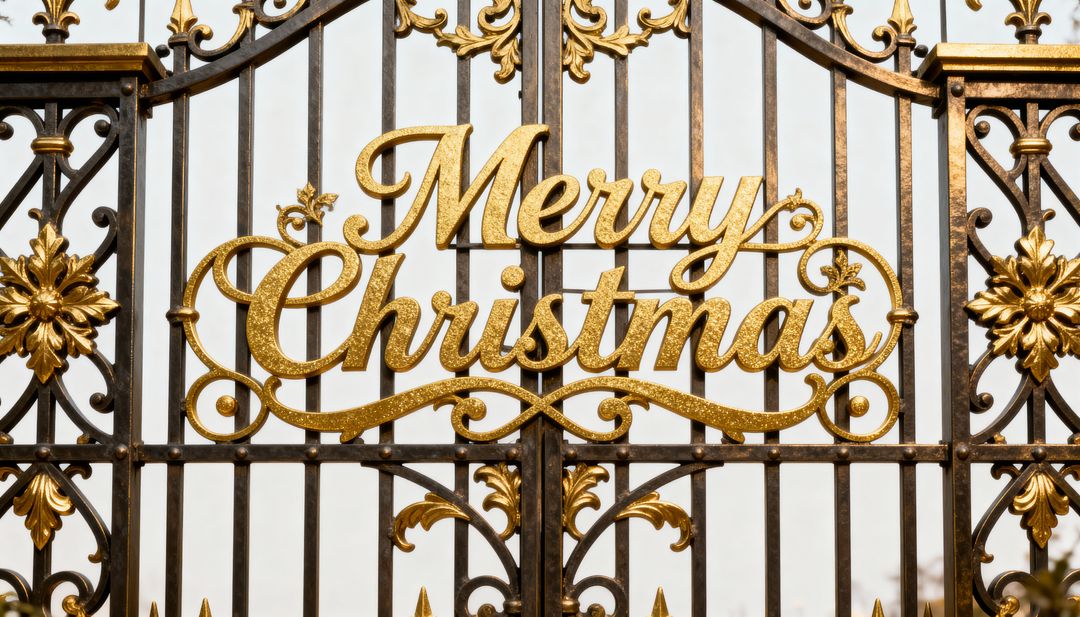 Golden Merry Christmas Sign Decorating Ornate Wrought-Iron Gate with Floral Scrollwork