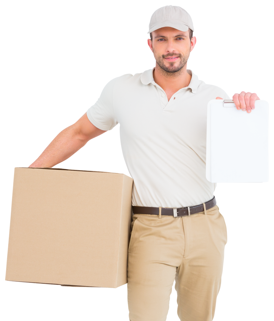 Transparent Background Delivery Man Holding Box and Clipboard - Download Free Stock Images Pikwizard.com