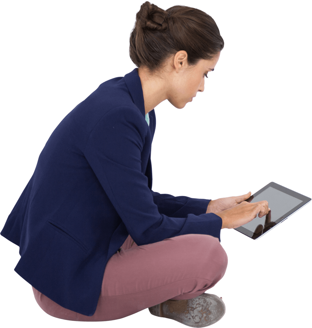 Transparent Businesswoman Using Tablet in Crouched Position