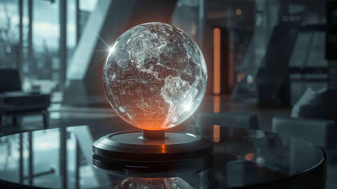 Futuristic Holographic Globe Floats in High-Tech Lounge