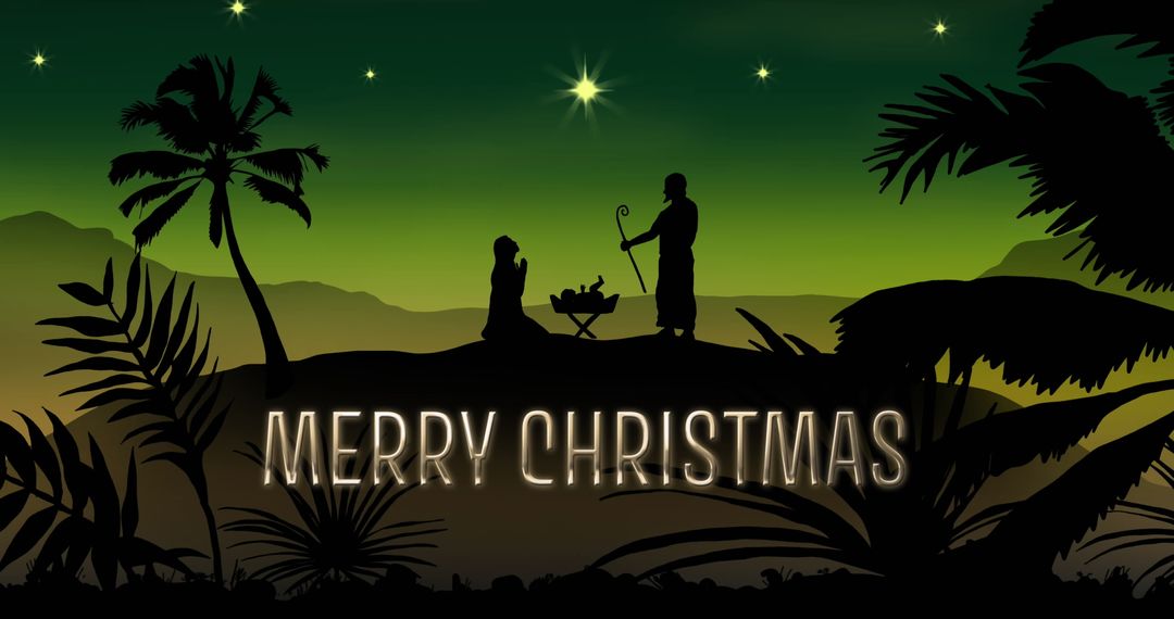 Silhouette Nativity Scene with Merry Christmas Text on Green Background - Free Images, Stock Photos and Pictures on Pikwizard.com