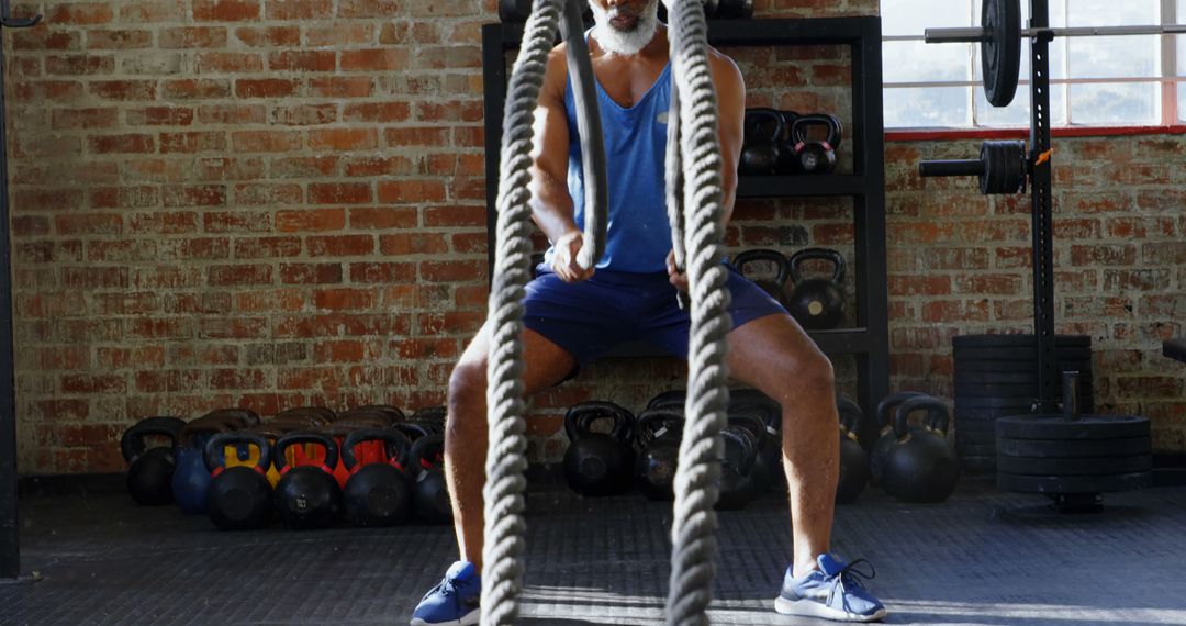 Man Exercising with Battle Ropes in Industrial Gym - Free Images, Stock Photos and Pictures on Pikwizard.com