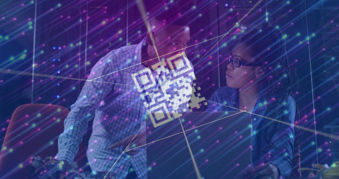 African American Professionals Analyzing Data in Server Room with QR Overlay