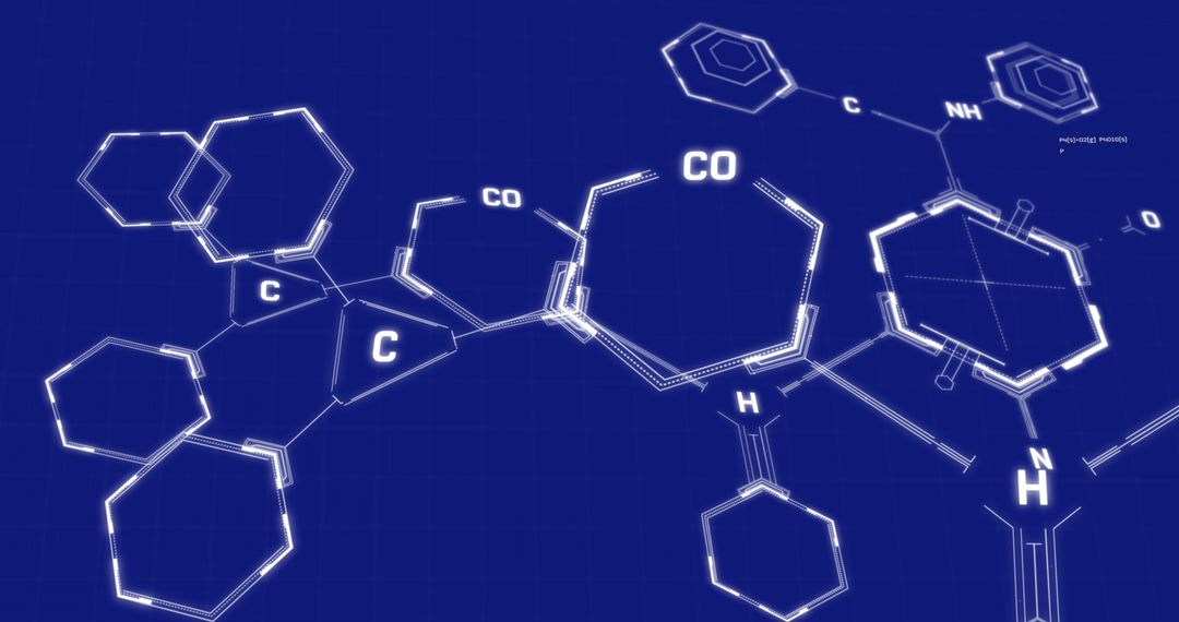 Futuristic Digital Interface with Molecular Structures on Blue Background