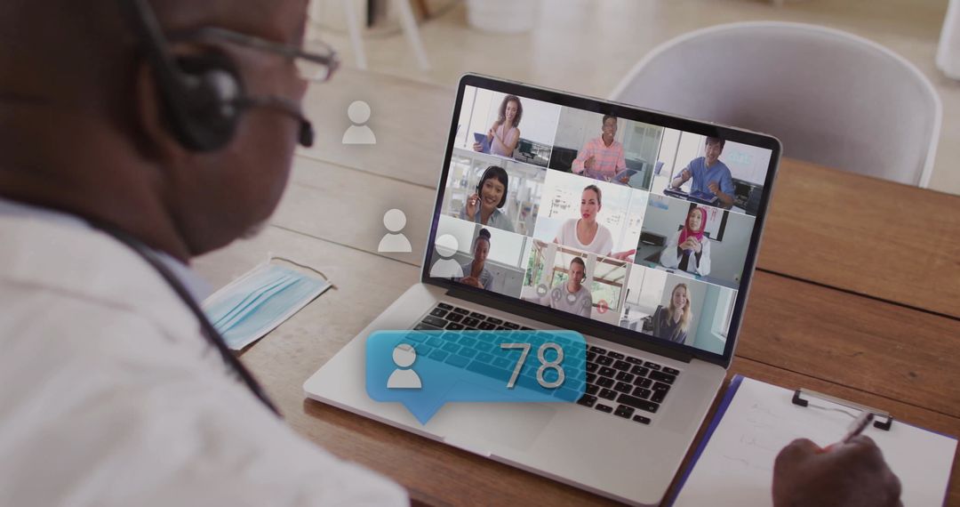 Businessman Engaged in Virtual Meeting with Data Processing Overlay