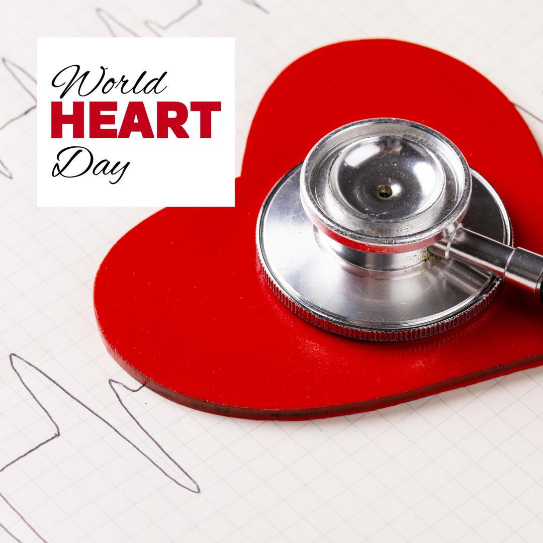 World Heart Day Text with Red Heart and Stethoscope on Heartbeat Chart ...