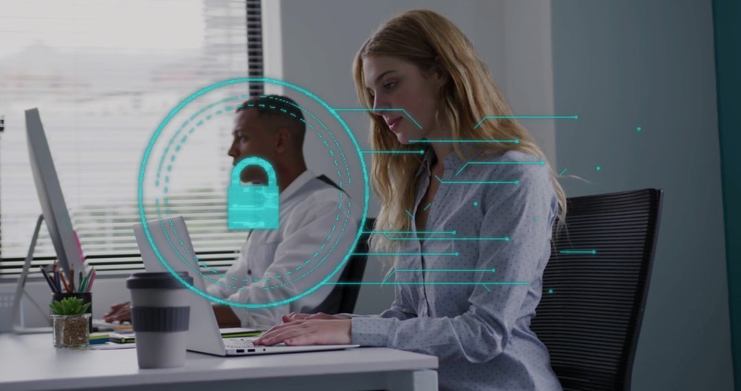 Colleagues in Office with Digital Cybersecurity Padlock