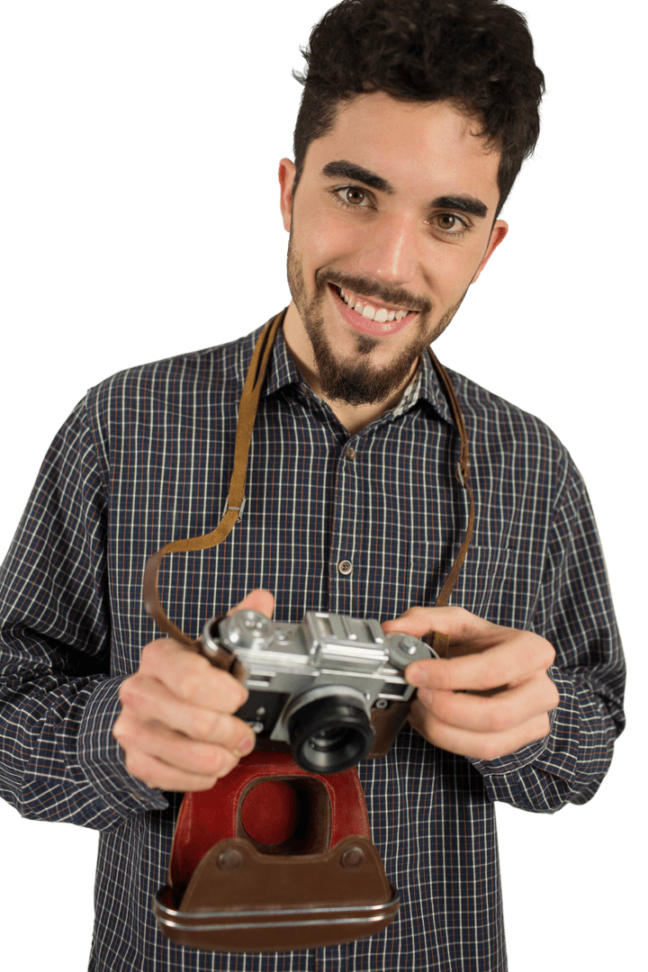 Casual Photographer Holding Camera with Transparent Background