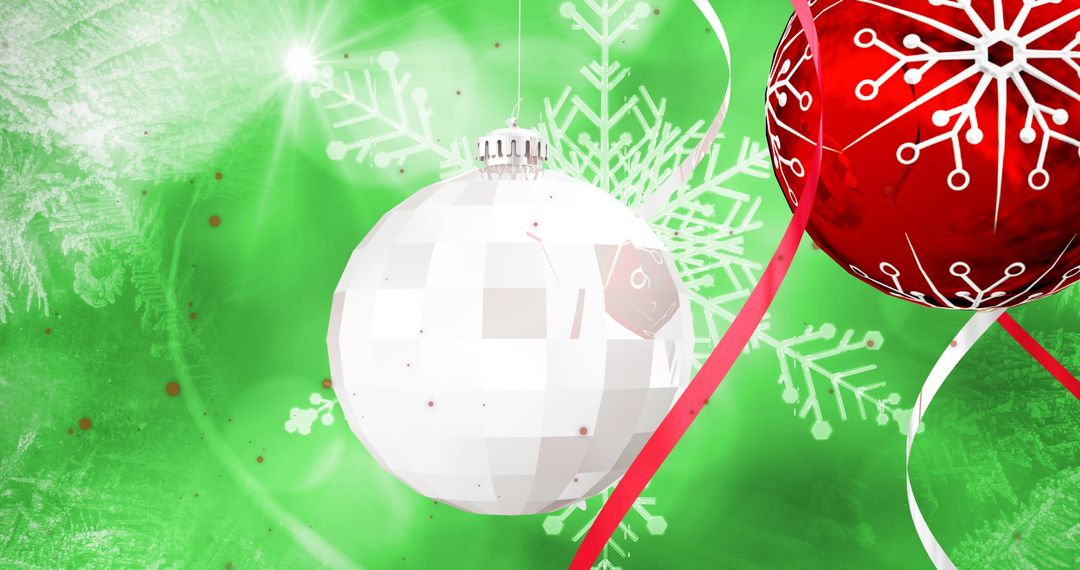 Festive Christmas Baubles with Snowflake Detail on Green Background