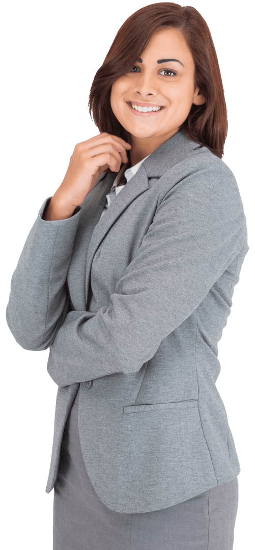Transparent Smiling Hispanic Businesswoman in Professional Attire