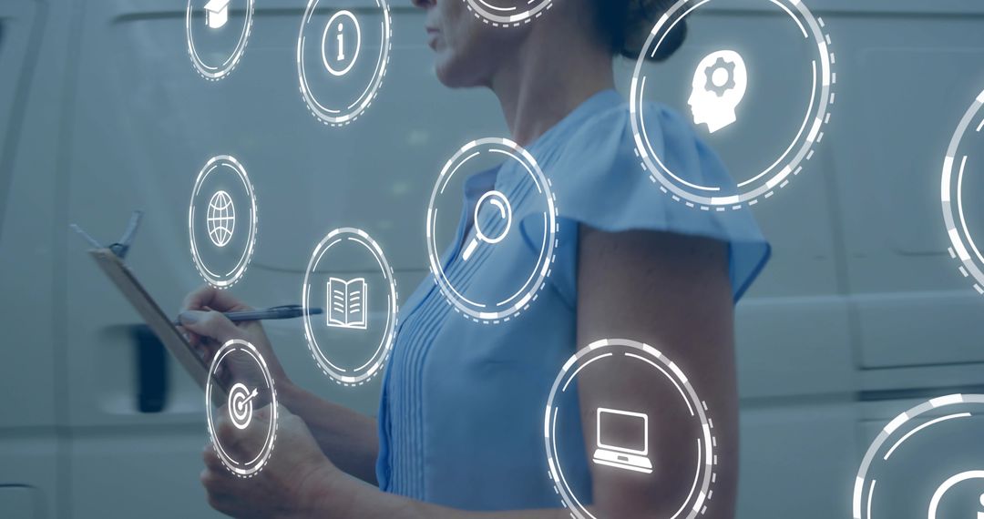 Female Inspector Holding Clipboard by Van with Augmented Reality Interface and Icons