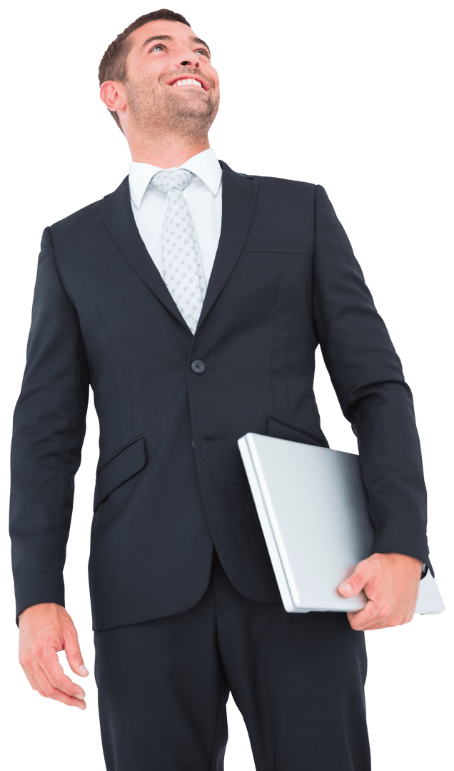 Confident Businessman Holding Laptop with Upward Gaze
