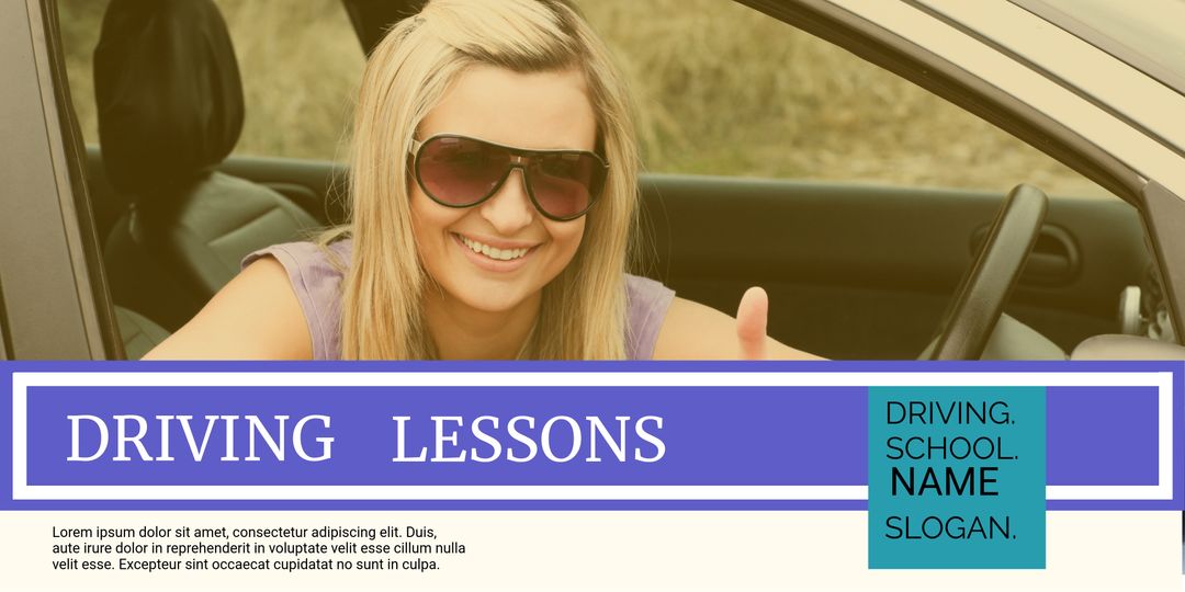 Driving Lessons Promotion Template with Smiling Woman in Car - Download Free Stock Templates Pikwizard.com