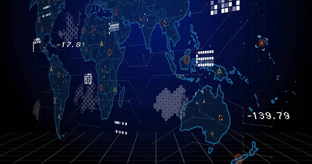 Futuristic World Map Display with Digital Data Visualization