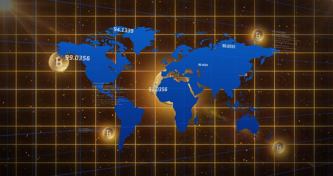 World Map with Bitcoin Data Overlay on Futuristic Background