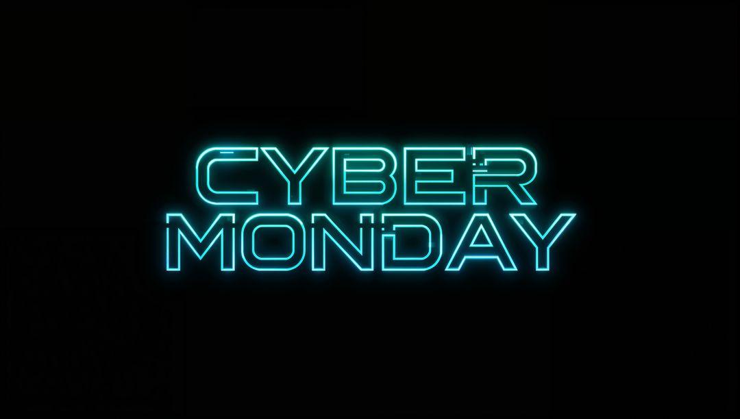 Glowing Cyan Cyber Monday Neon Sign with Futuristic Squared Font and Pixel Gaps